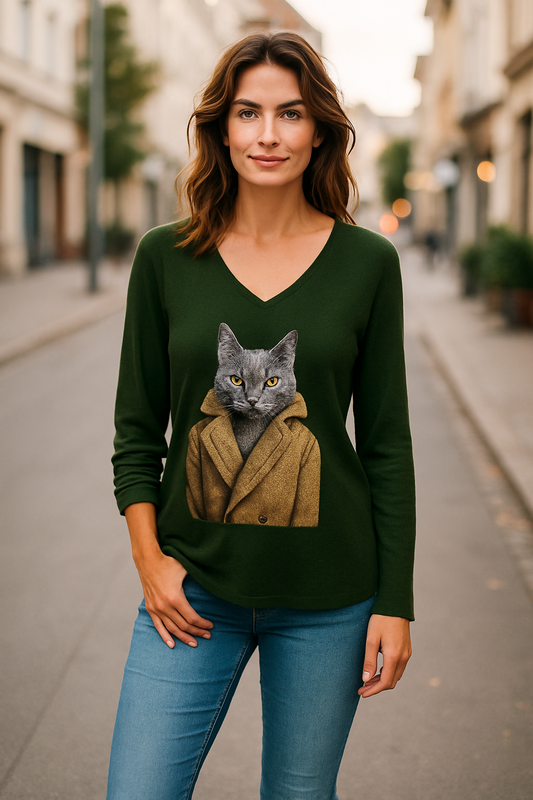 Pull Col V Kaki avec Motif Chat