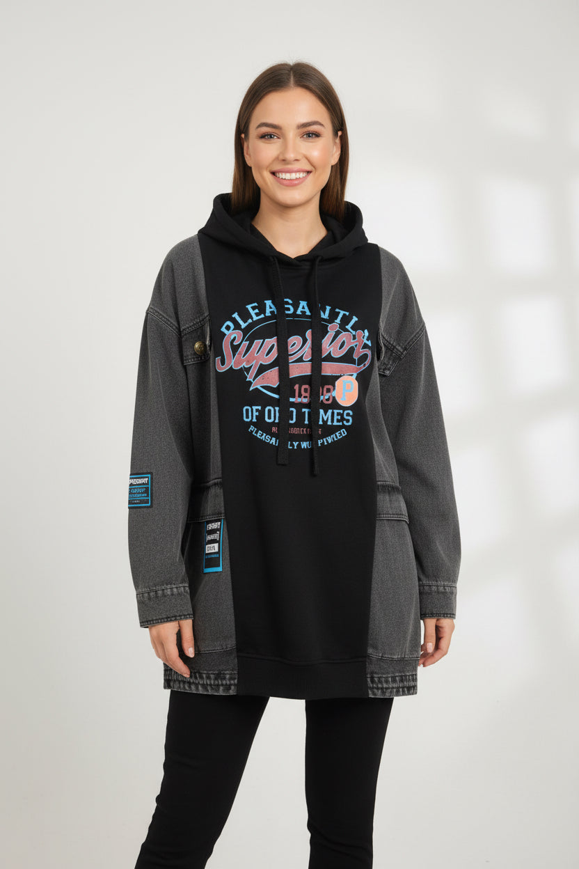 Sweat à Capuche Double Matière Effet Denim 100% Coton – Style Streetwear – Jusqu'au 48