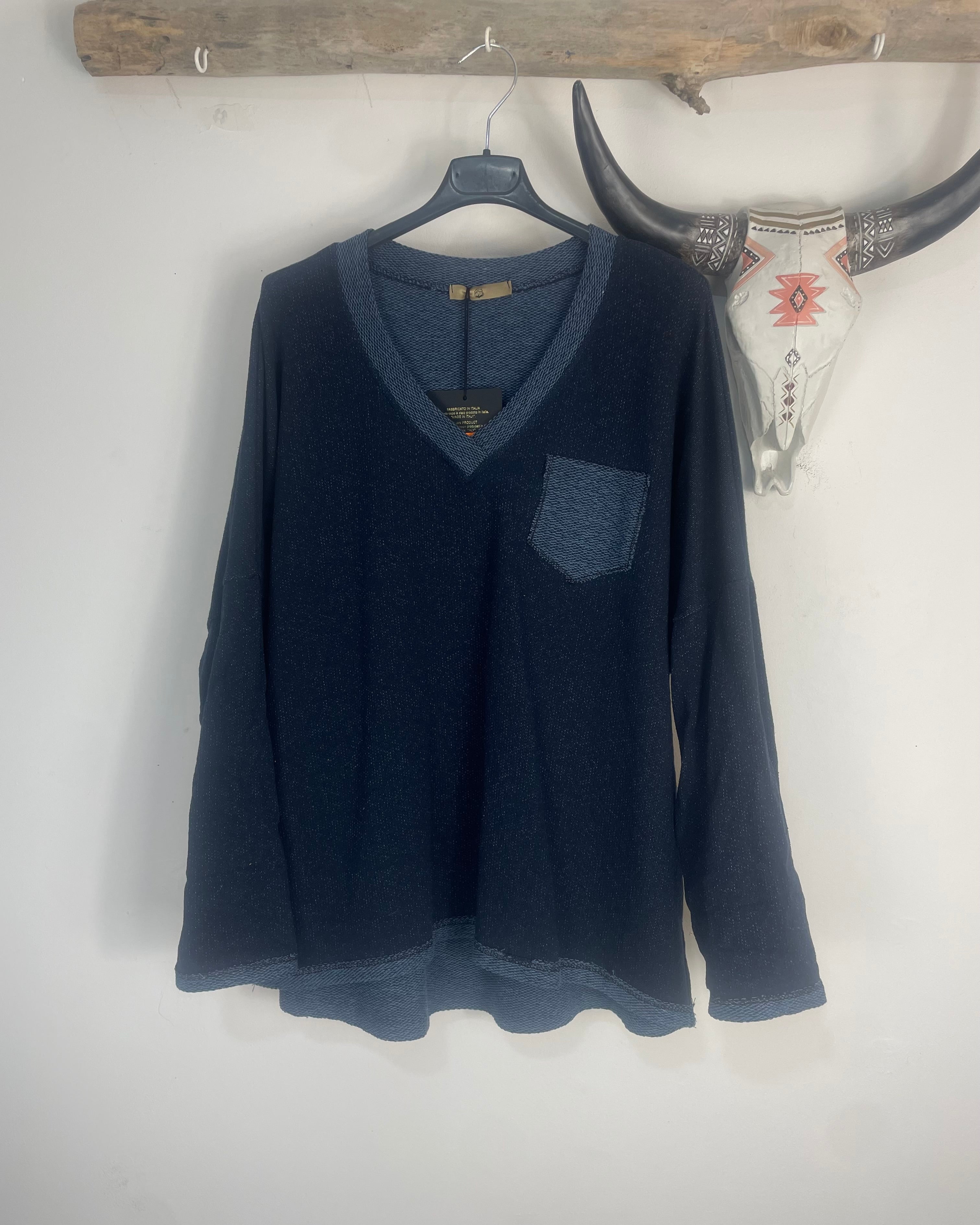 Pull Complice marine col V poche contrastés coton polyester élasthanne