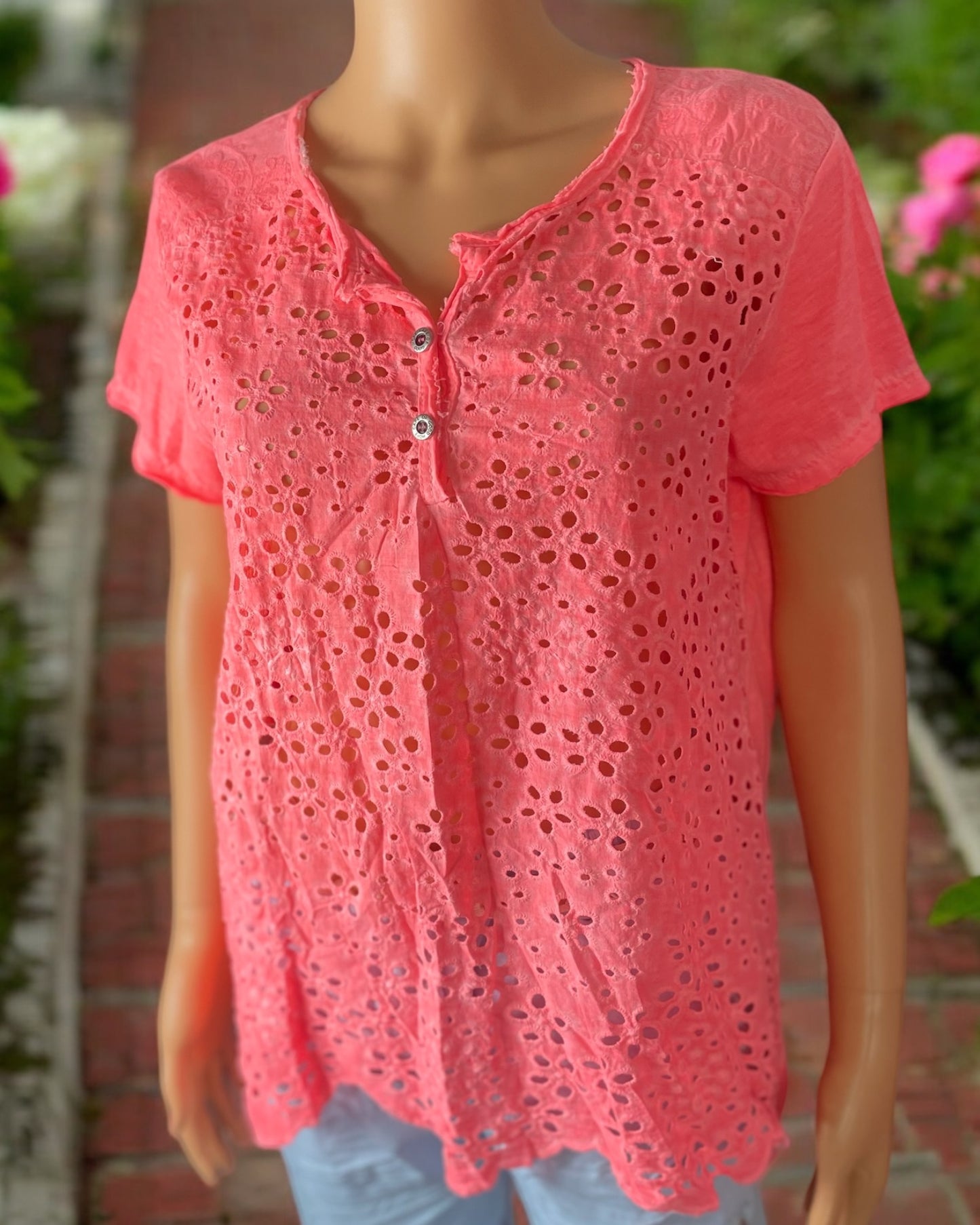 Tee shirt broderie anglaise Corail fluo