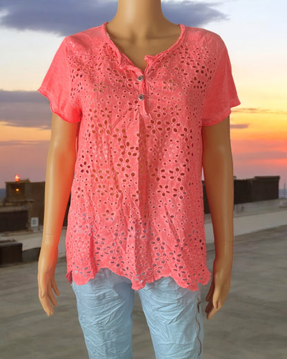 Tee shirt broderie anglaise Corail fluo