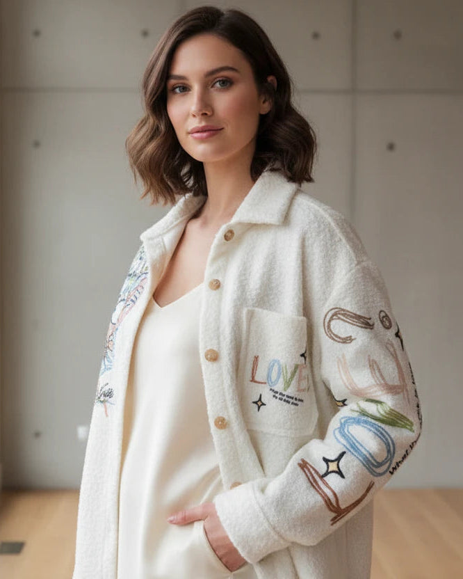 Veste Snoopy blanc cassé touches colorées pilou polyester laine