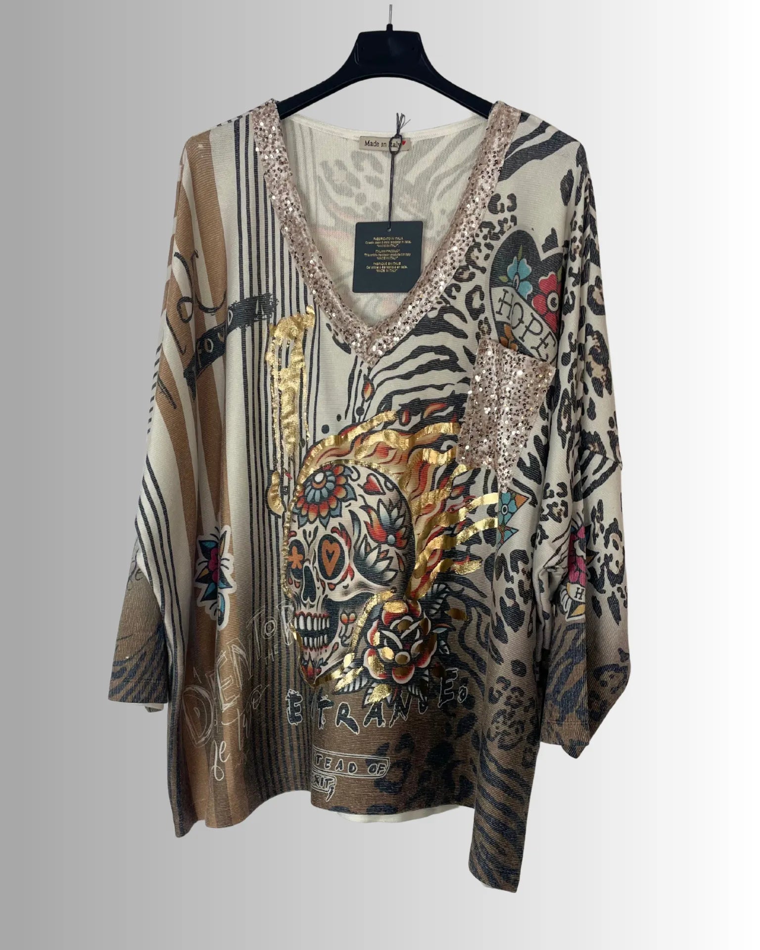 Pull Calavera d’Or femme motif tête de mort dorée, col V pailleté – face avant