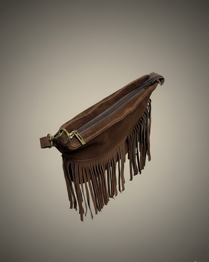 Sac cuir chocolat à franges tendance automne hiver, bandoulière réglable – Italie vue de haut