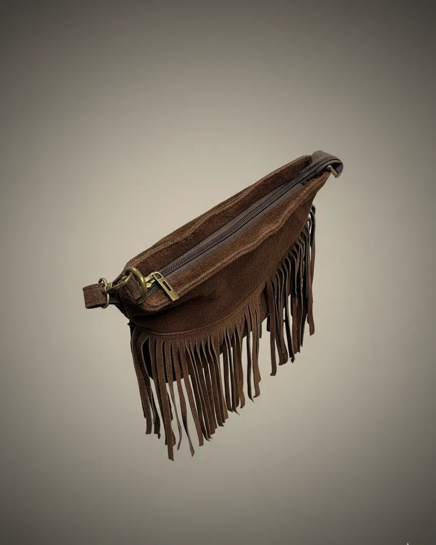 Sac cuir chocolat à franges tendance automne hiver, bandoulière réglable – Italie vue de haut