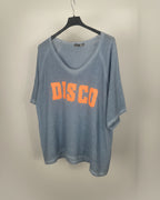 T-shirt Gloria disco bleu jean cintre flocage pailleté 100% coton made in Italy