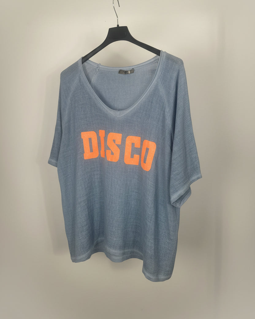 T-shirt Gloria disco bleu jean cintre flocage pailleté 100% coton made in Italy