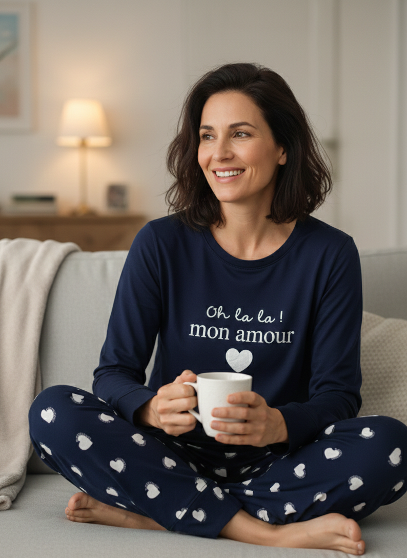 Pyjama romantique bleu marine cœurs Saint-Valentin Corte Sofia 38-44