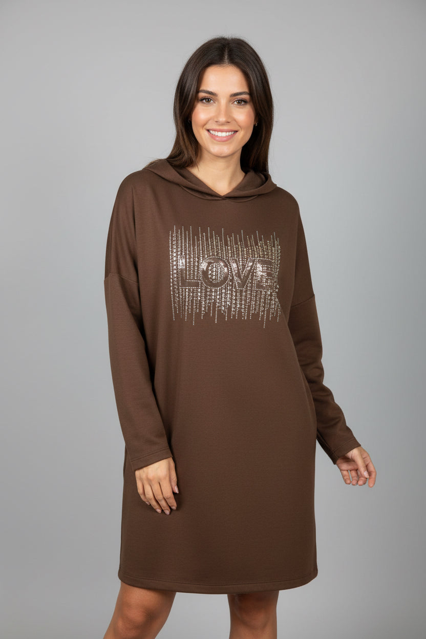 Sweat long oversize chocolat LOVE pour femme coupe confortable