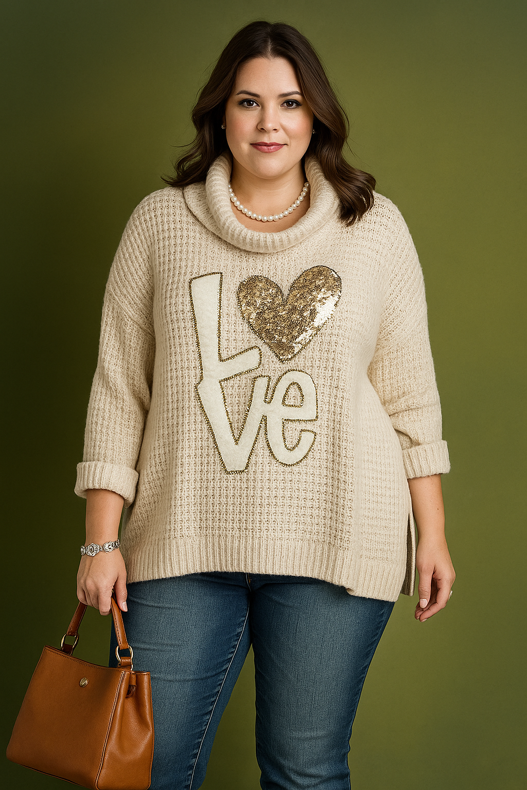Pull col roulé oversize motif Love sequins, grande taille, 