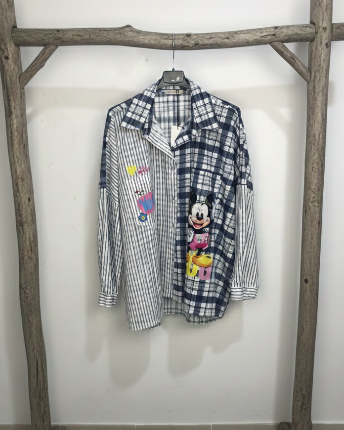 Chemise Mickey mix motifs rayures carreaux viscose 78x67 cm made in Italy Couleur marine 