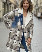 Manteau S.Woman carreaux beige marron empiècement jean col surchemise oversize