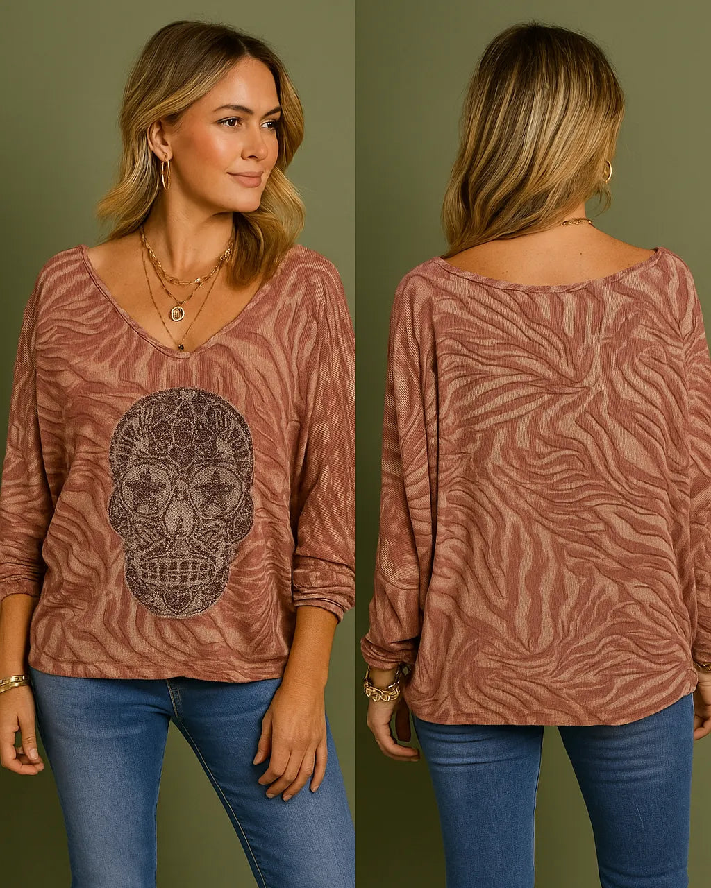Femme portant un pull vieux rose à tête de mort scintillante, manches longues, style rock chic