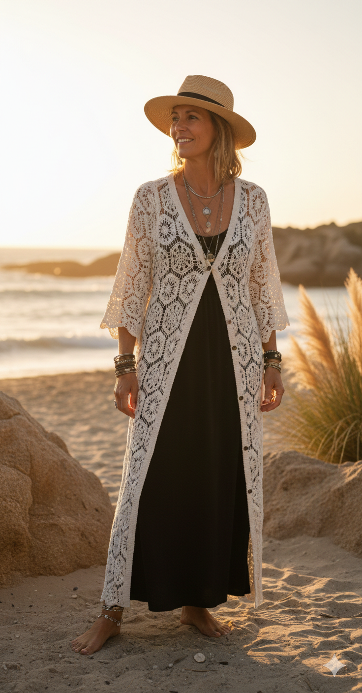 Gilet long bohème blanc cassé pour femme, maille travaillée style dentelle, porté sur une robe noire à la plage au coucher du soleil.