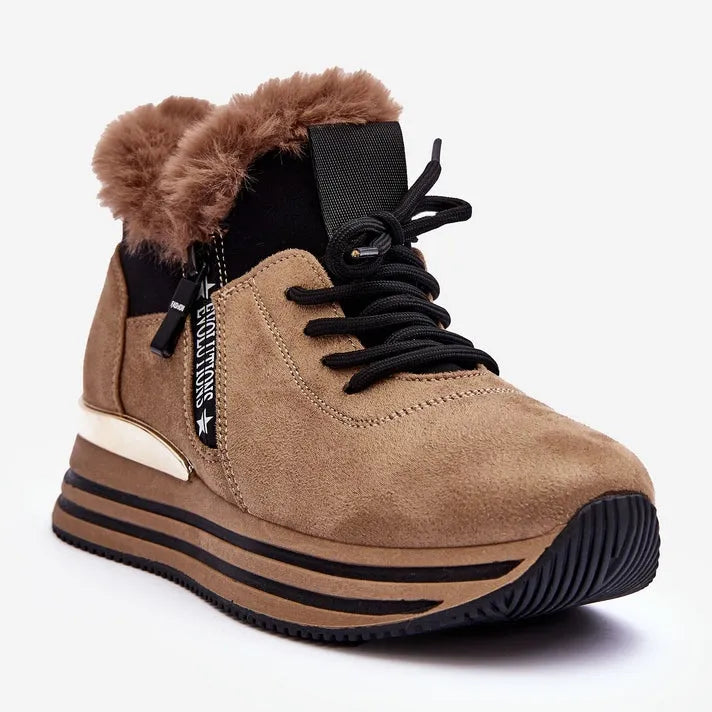 Baskets femme double matière marron avec intérieur fourré et semelle dorée – tendance automne hiver