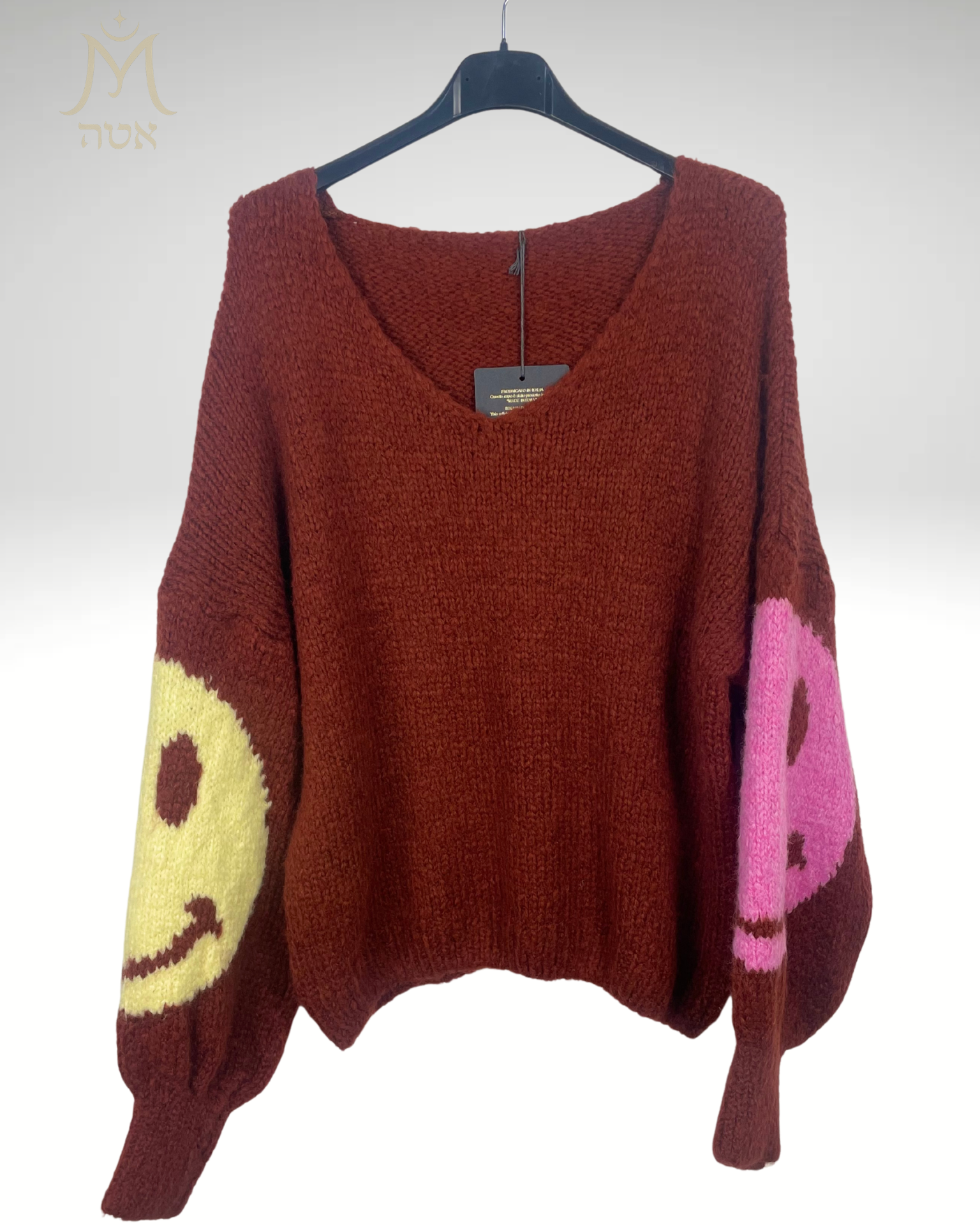 Pull grosse maille terracotta avec smiley sur manches – Mam’sailes
