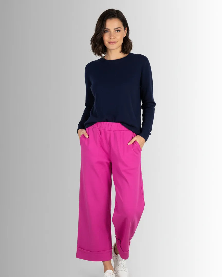 Pantalon Roma femme fuchsia à jambe large, taille élastique, viscose fluide made in Italy
