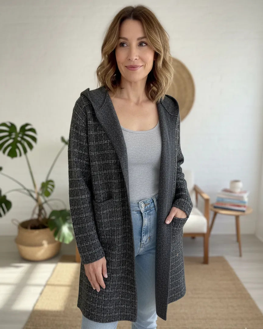 manteau Élora, tombé fluide et finition scintillante subtile