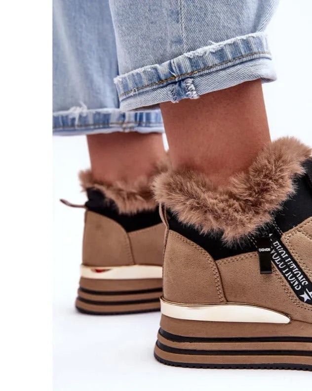 Baskets femme double matière marron avec intérieur fourré et semelle dorée – tendance automne hiver