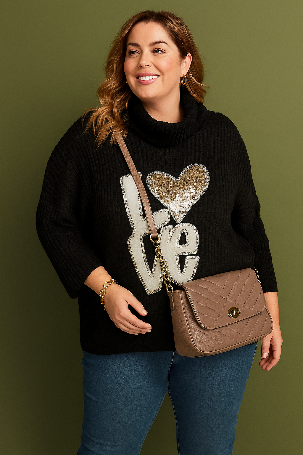 Pull col roulé oversize motif Love sequins, grande taille, 