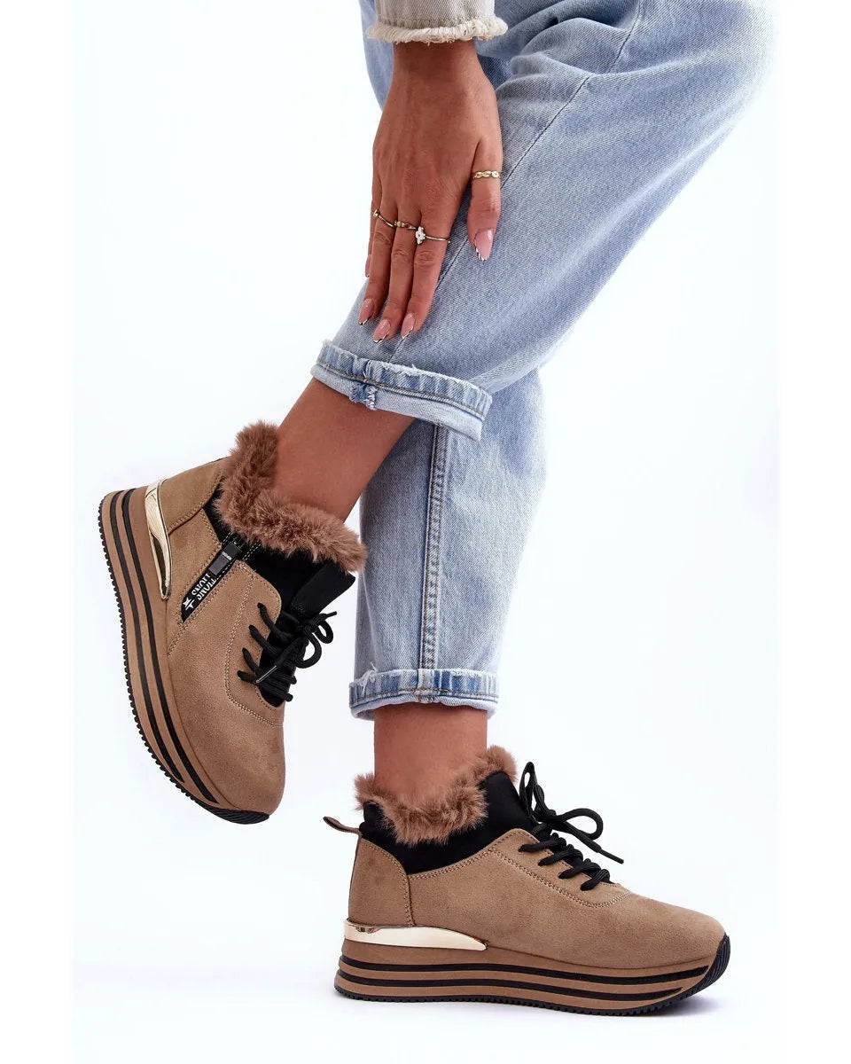 Baskets femme double matière marron avec intérieur fourré et semelle dorée – tendance automne hiver