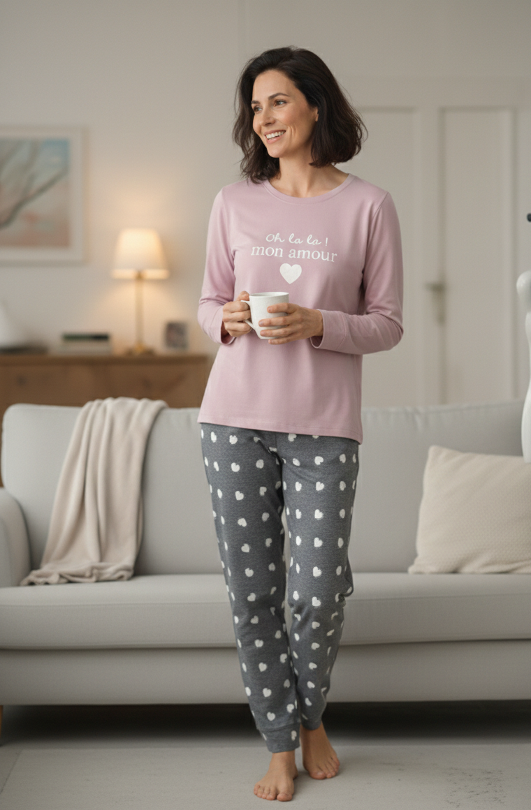 Pyjama rose gris Oh lala mon amour Saint-Valentin cœurs Corte Sofia M-XXL