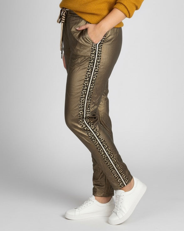 Pantalon femme bronze à bandes léopard latérales – taille élastique 36-46 made in Italy
