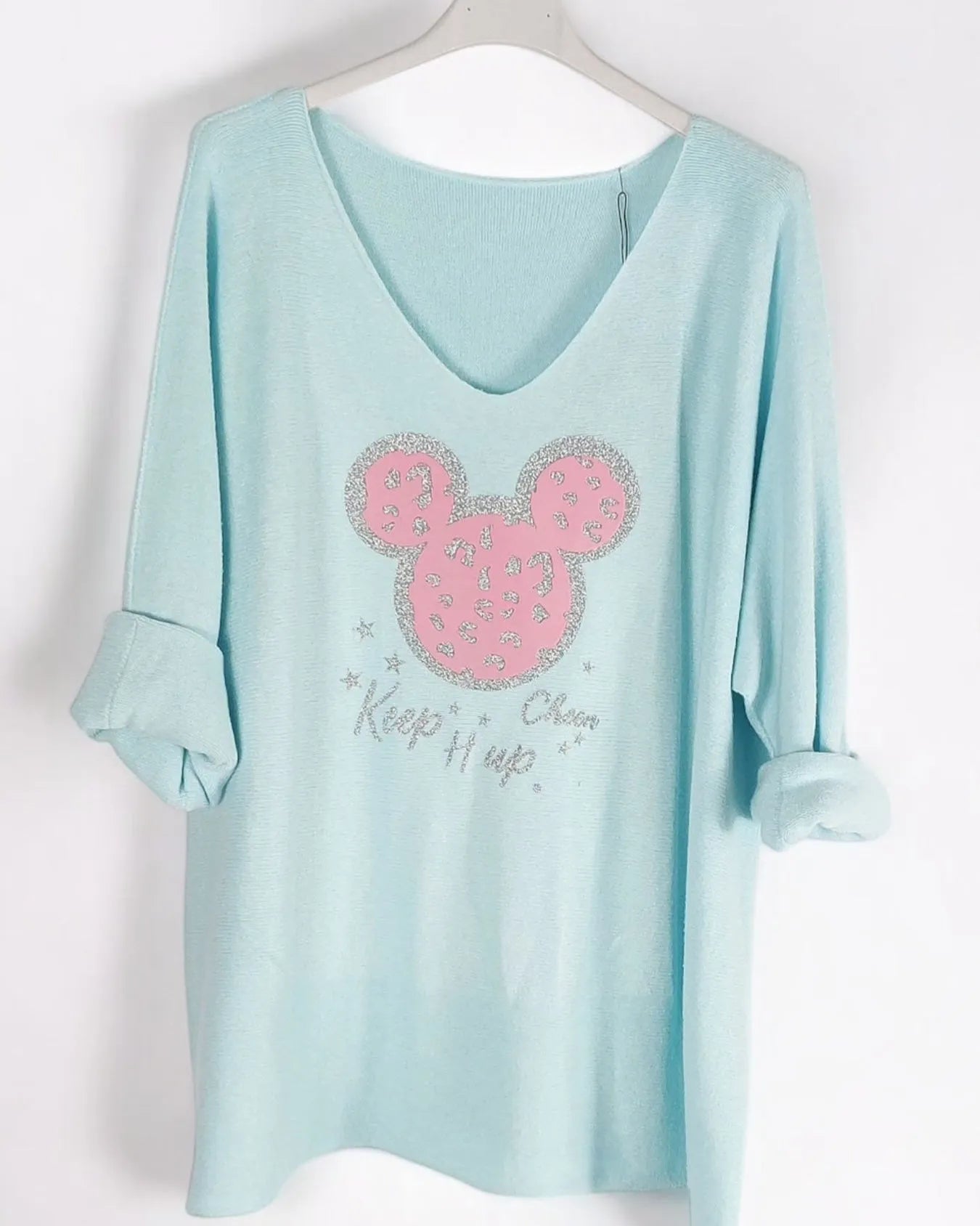 Pull femme vert d’eau motif Mickey brillant Made in Italy
