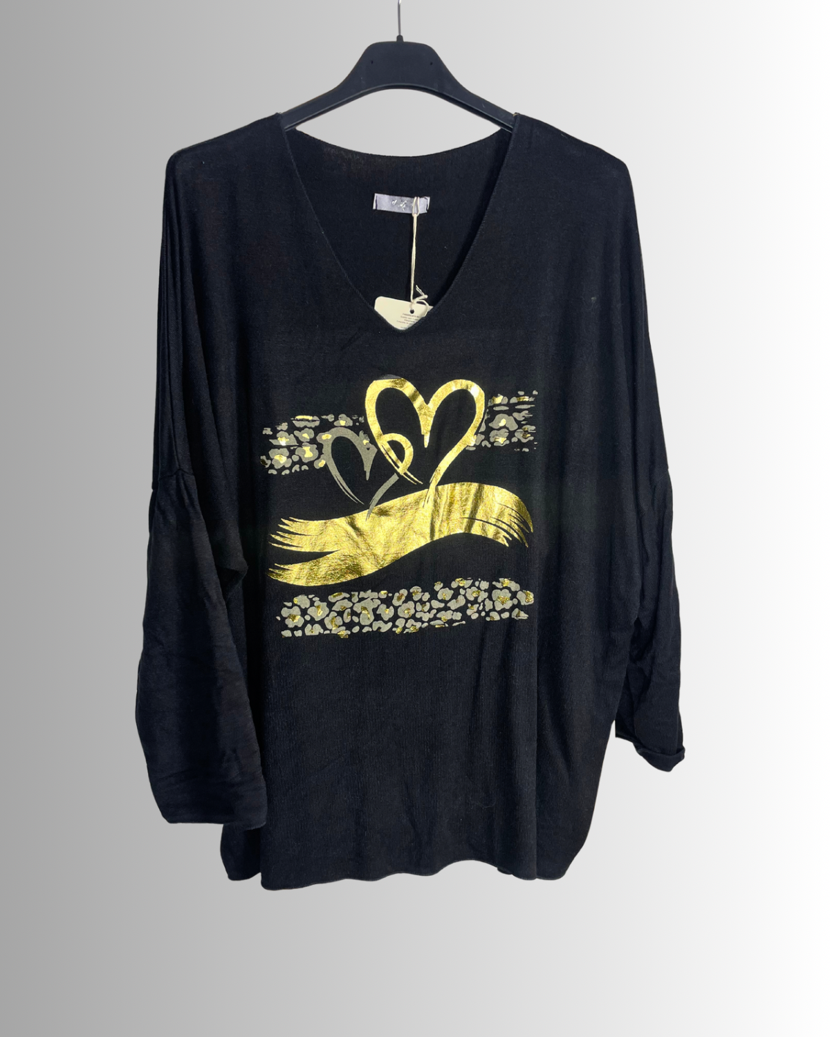 Pull femme ample noir avec cœurs dorés et détails léopard – laine, viscose et angora, fabriqué en Italie