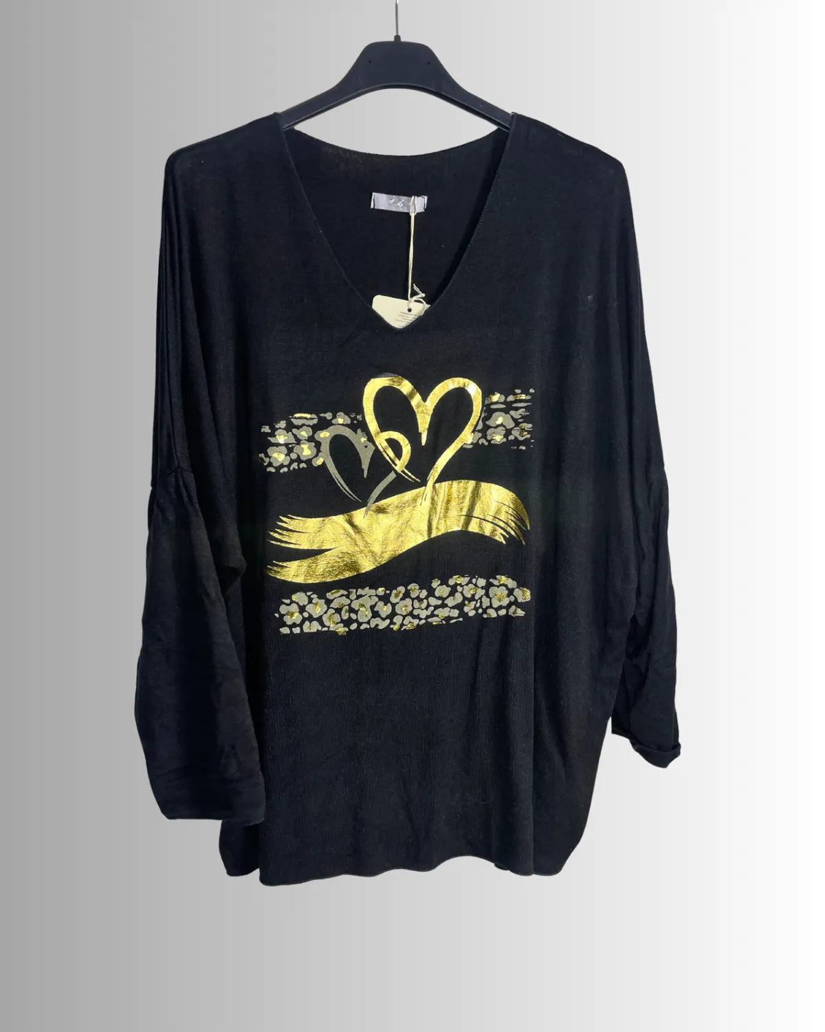 Pull femme ample noir avec cœurs dorés et détails léopard – laine, viscose et angora, fabriqué en Italie