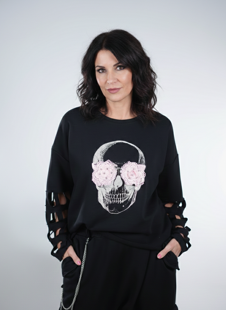 Sweat noir crâne fleurs roses manches découpées made in Italy 36-46