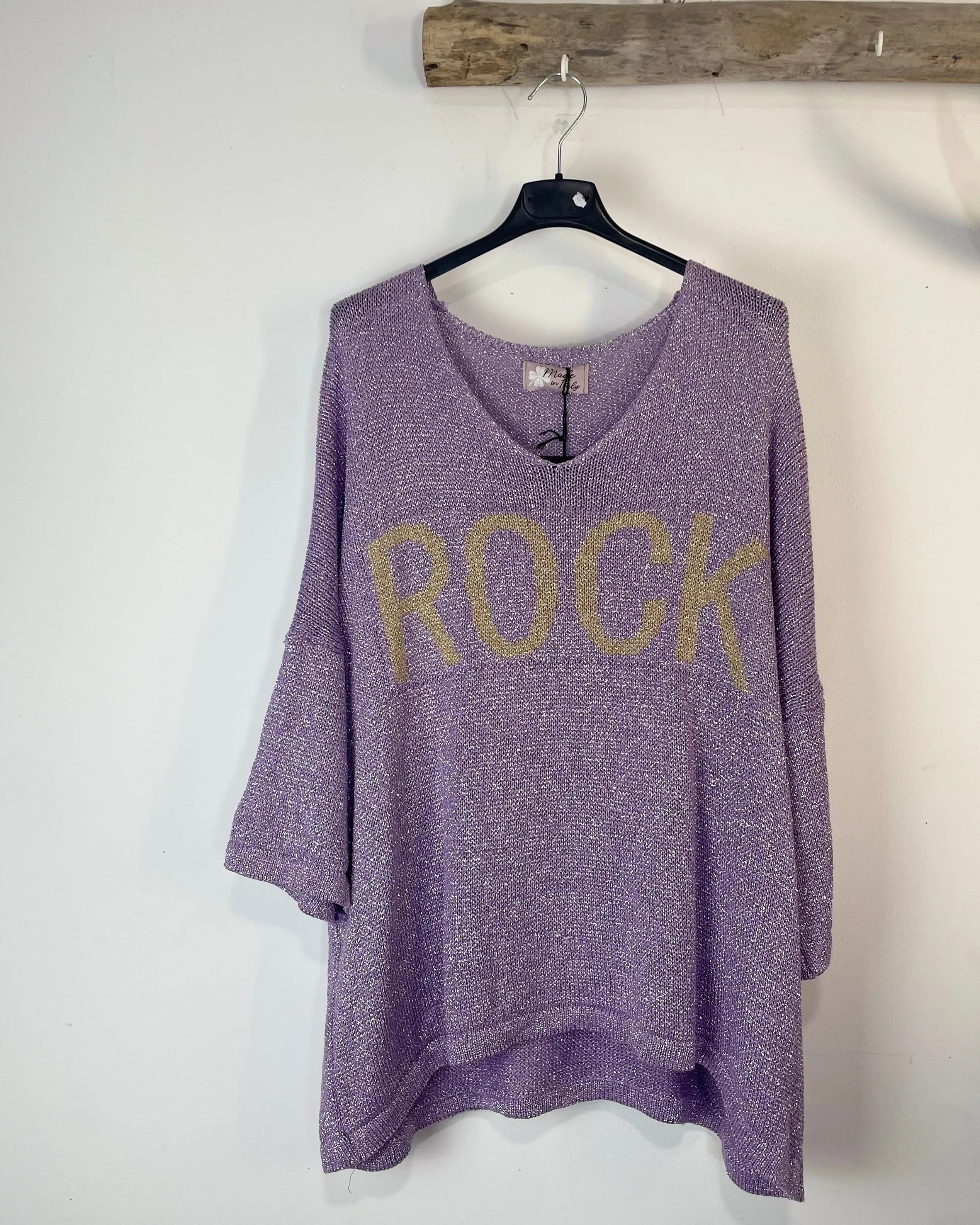 Pull Rock’n Soft femme parme avec inscription ROCK dorée – manches 3/4 coupe fluide italienne