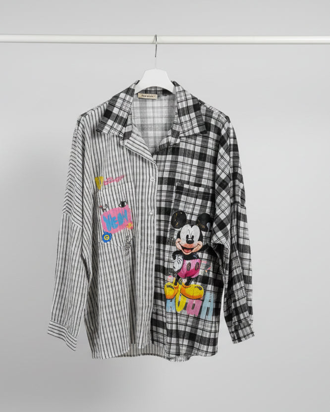 Chemise Mickey mix rayures carreaux viscose made in Italy 36-52 Couleur noir 