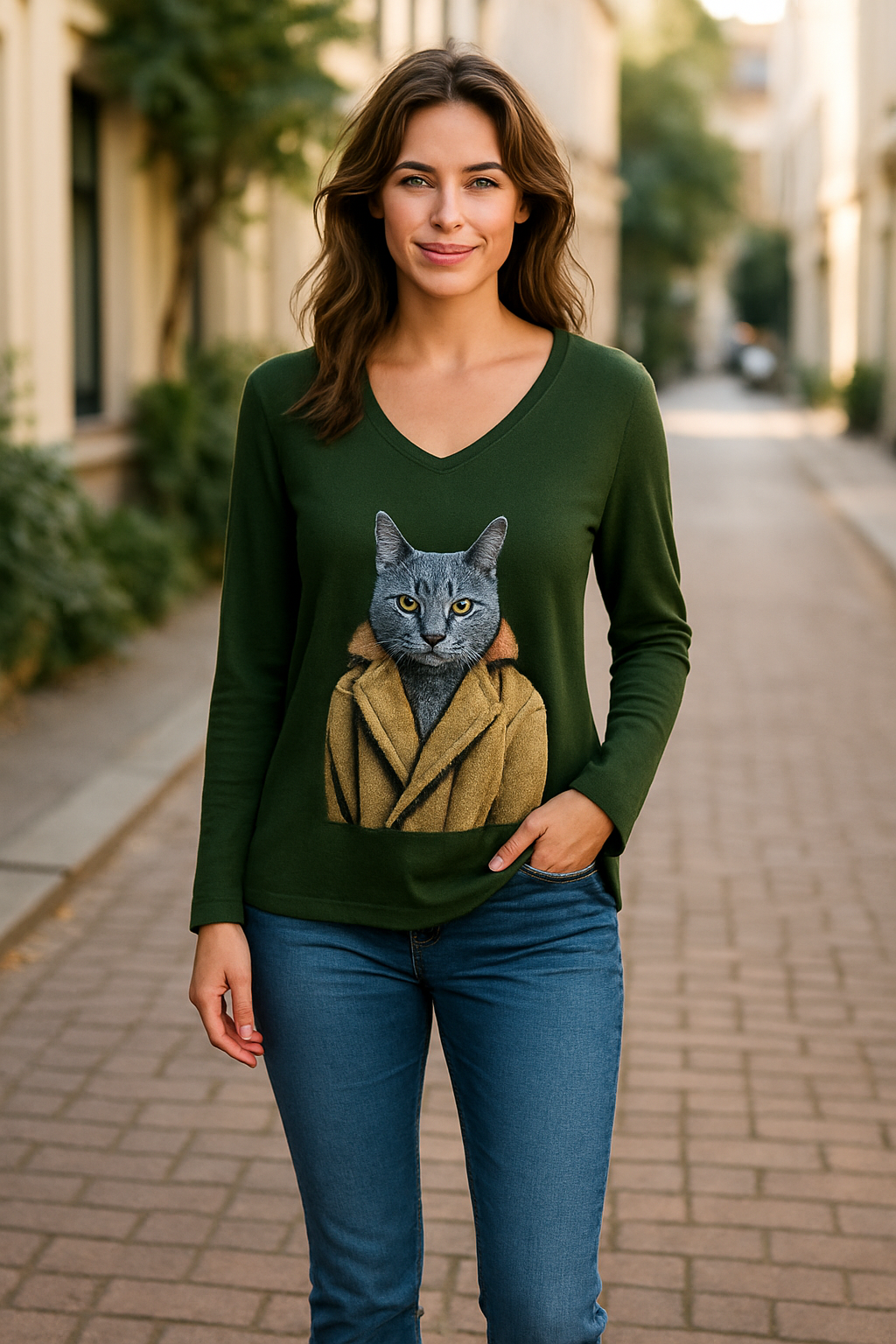 Pull Col V Kaki avec Motif Chat