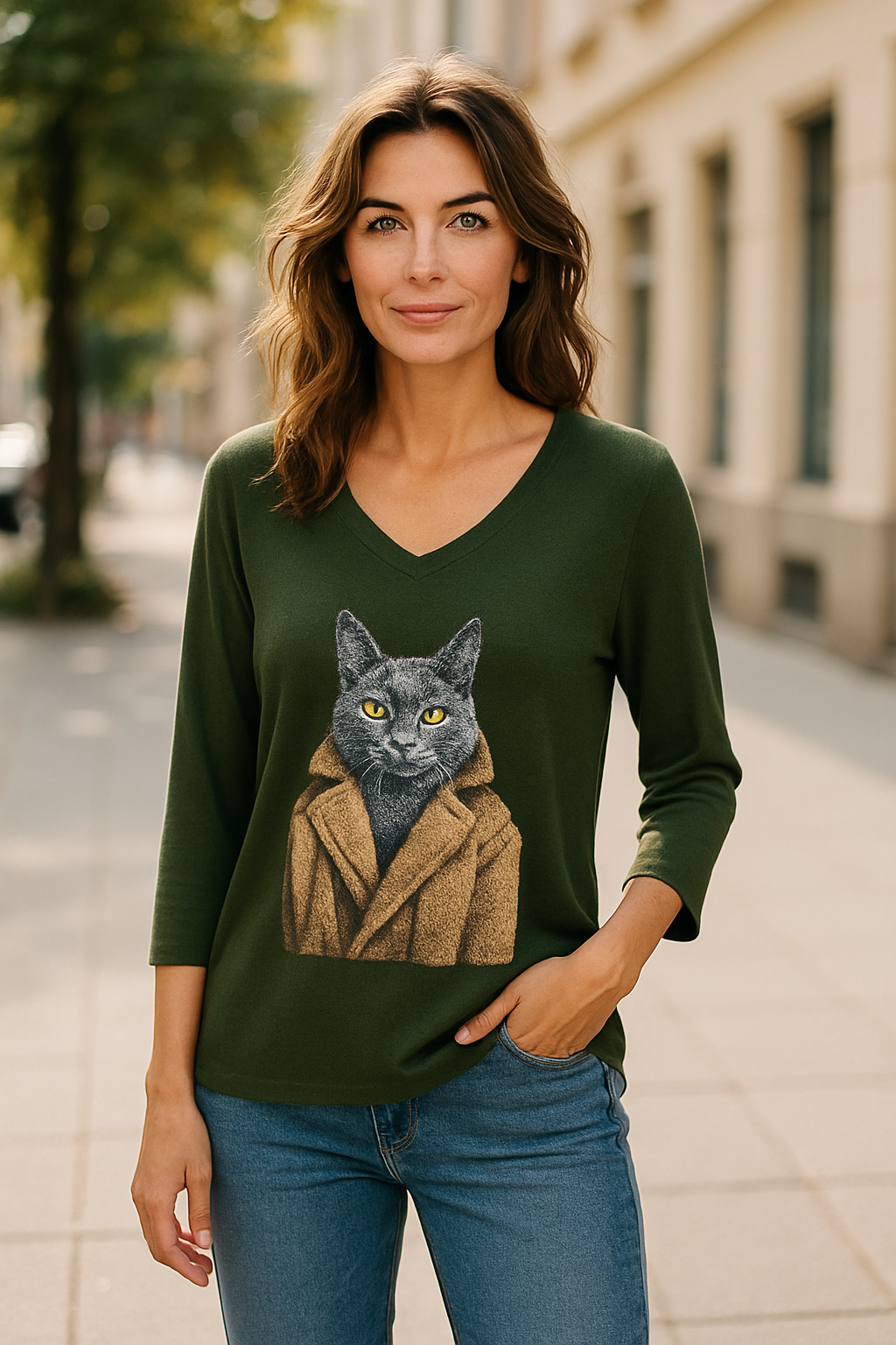 Pull Col V Kaki avec Motif Chat
