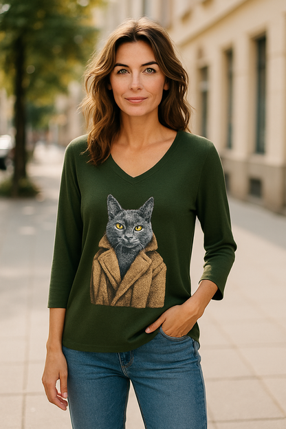 Pull Col V Kaki avec Motif Chat