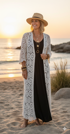 Femme épanouie portant le gilet long blanc cassé Mamsailes, look solaire et décontracté pour femme de 35 à 60 ans et plus.