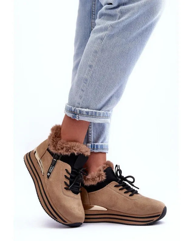 Baskets femme double matière marron avec intérieur fourré et semelle dorée – tendance automne hiver