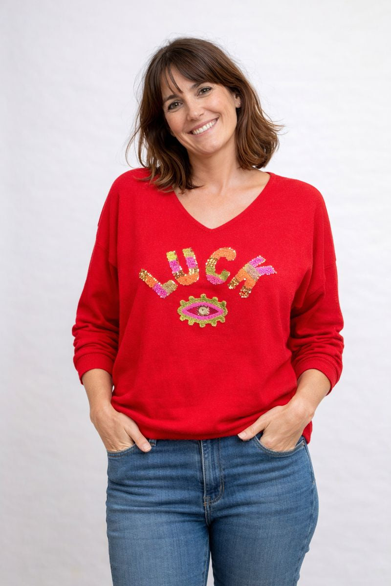 Pull Luck beige écru coupe classique 57x63 cm made in Italy