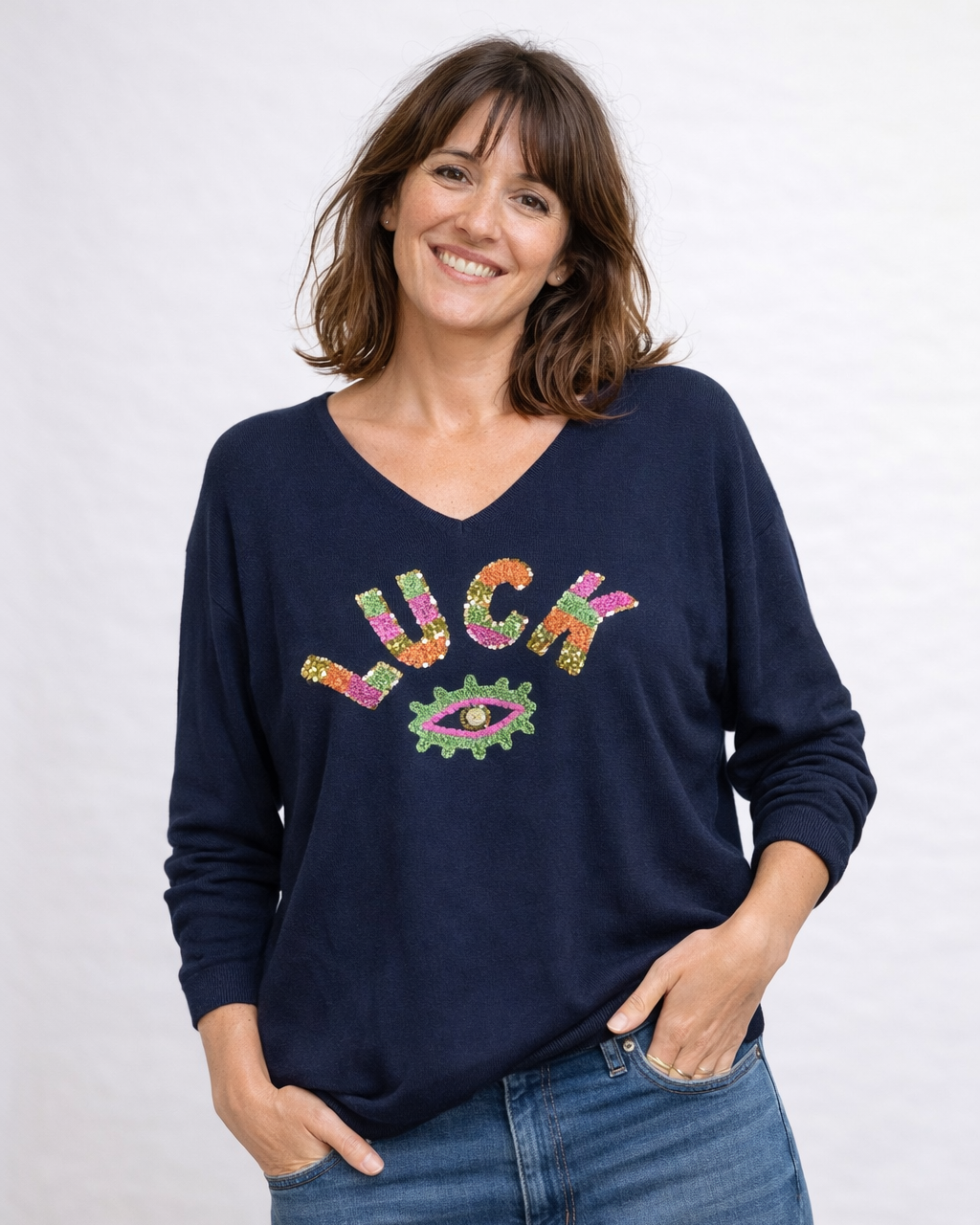 Pull Luck marine coupe classique 57x63 cm made in Italy