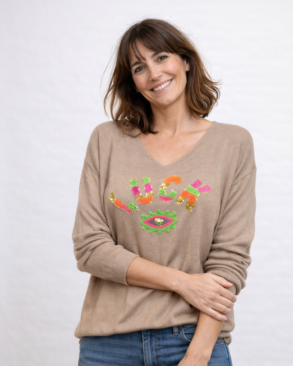 Pull Luck message positif maille douce beige écru made in Italy