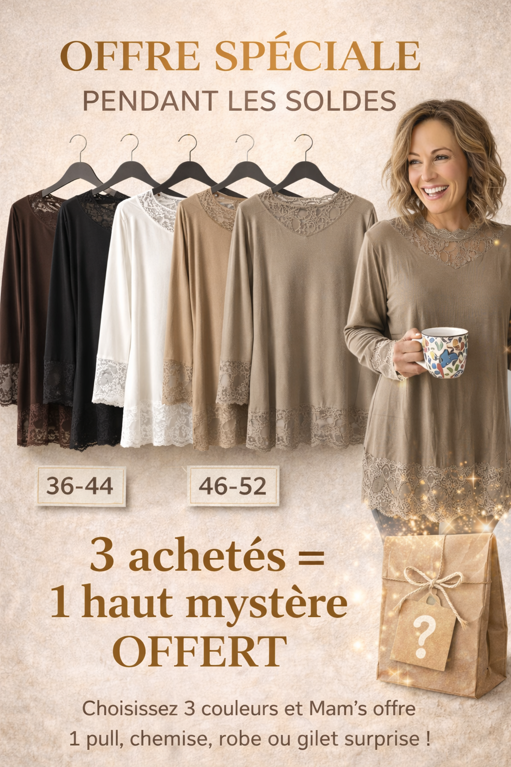 Rouleau Dentelle Col Femme Offre spéciale soldes: 1 haut OFFERT– Fluide & Confort 36-52