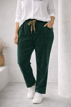 Pantalon Livia velours vert sapin cordon léopard porté made in Italy 44-50
