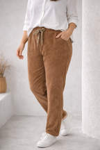 Pantalon Livia velours camel cordon léopard porté made in Italy 44-50