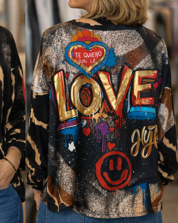 Blouse Love pop art bimatière viscose devant polyester dos statement coloré