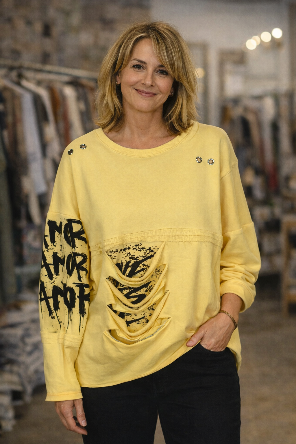 Sweat rock Amor déchiré boutons dorés épaule coton polyester destroy