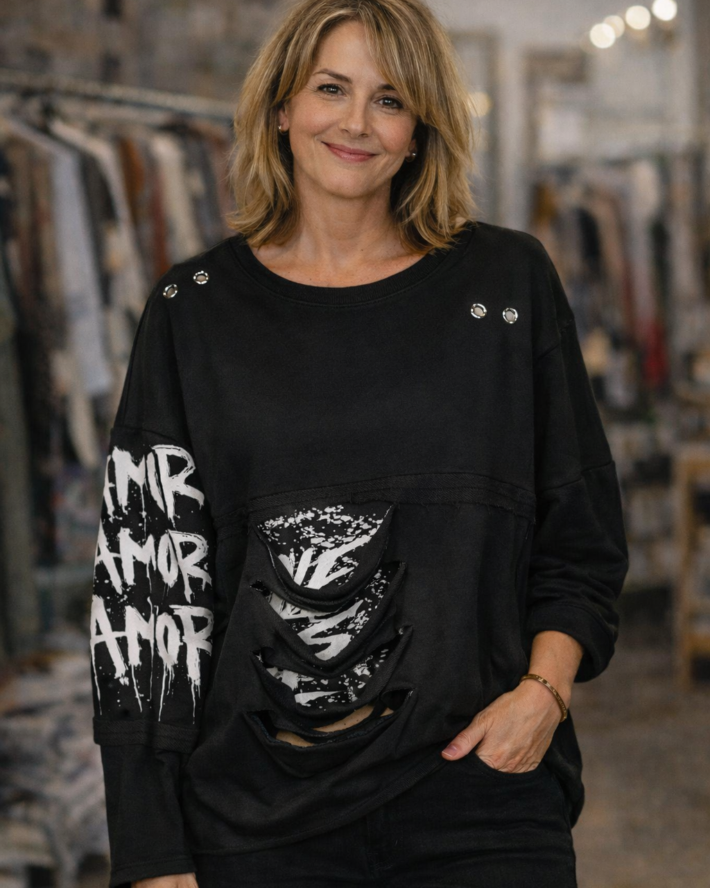 Sweat rock Amor déchiré inscription AMOR manche effet destroy made in Italy 48-50