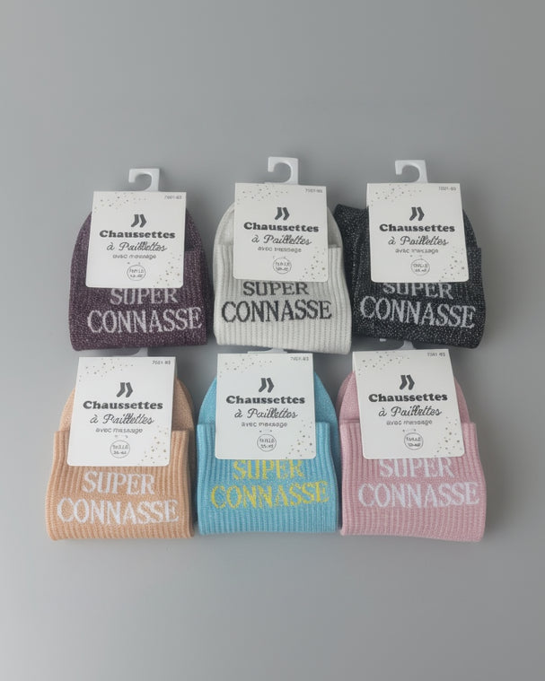 Chaussettes Super Connasse paillettes 76% coton – 36-42 – 12 coloris
