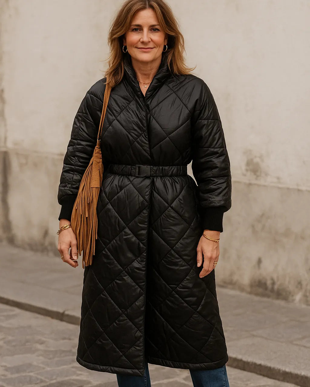 Doudoune Milano Chic noire femme, longue et matelassée avec ceinture à clip – made in Italy