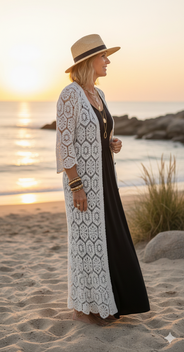 Vue de profil d'un gilet long blanc cassé fluide, longueur 127 cm, style hippie chic avec chapeau de paille et bijoux accumulés.